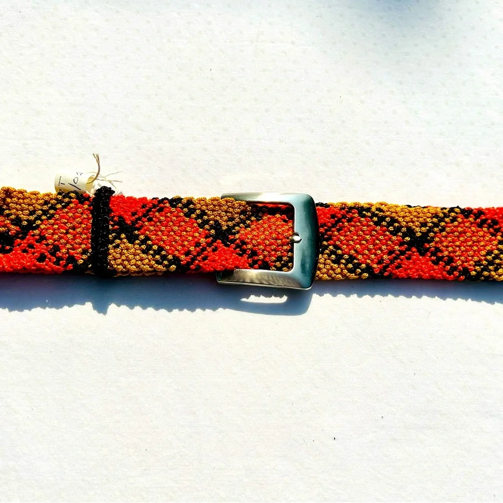 Macrame Belt Orange Black Metal Buckle Handcrafted